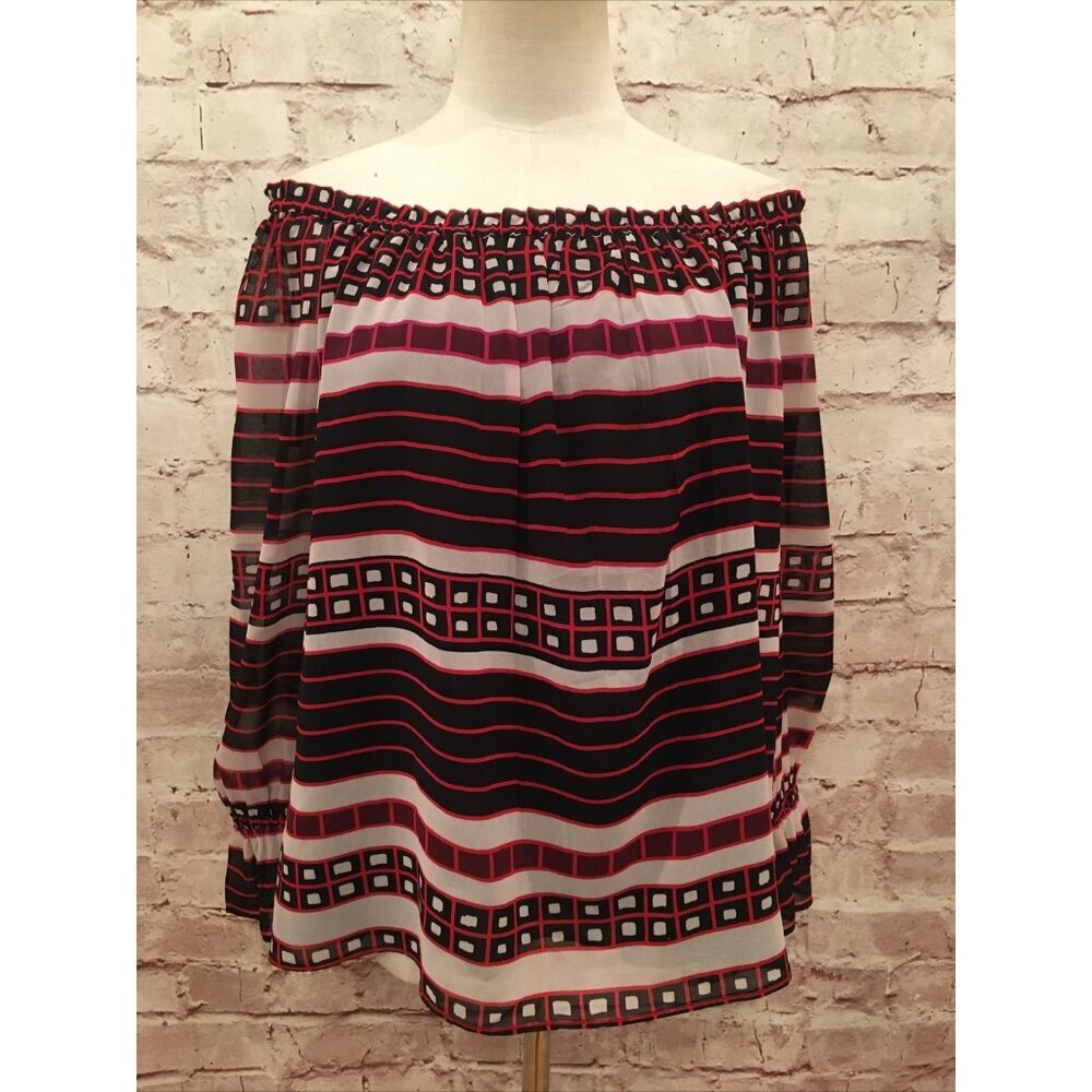 LOFT Petite PL Red Black Geometric Stripe Off the Shoulder Blouse Top